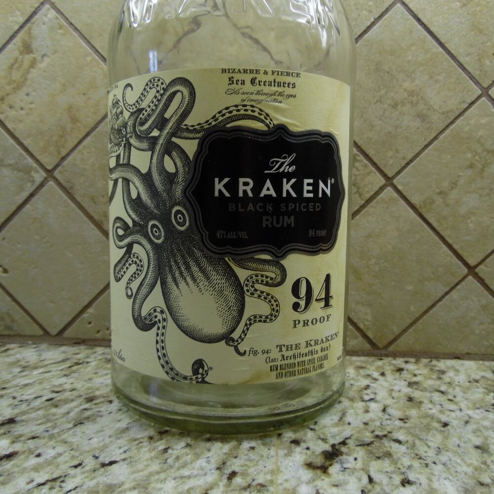 THE KRAKEN EMPTY 1.75 liter RUM BOTTLE DOUBLE HANDLE